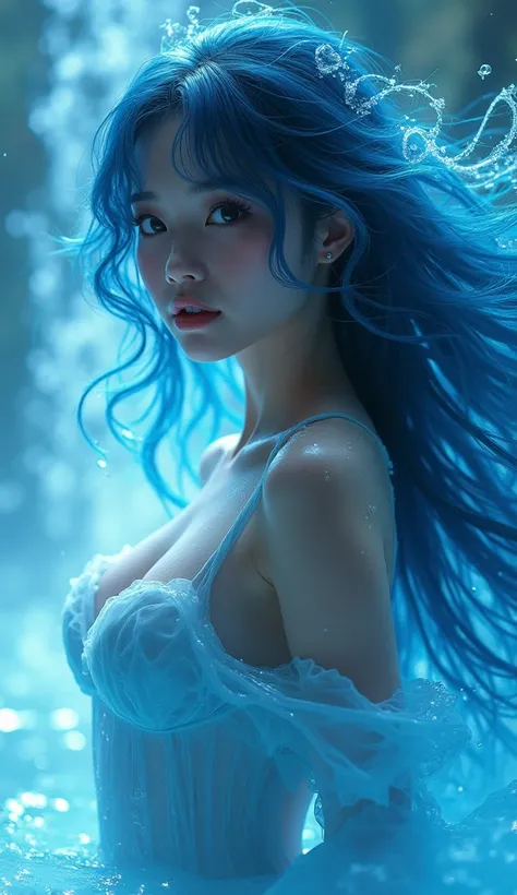 Asian woman, white skin, cute face, fresh, sexy girl, big breasts, beautiful silhouette, water element woman, blue long hair, bangs, dancing with water and blue electric energy.