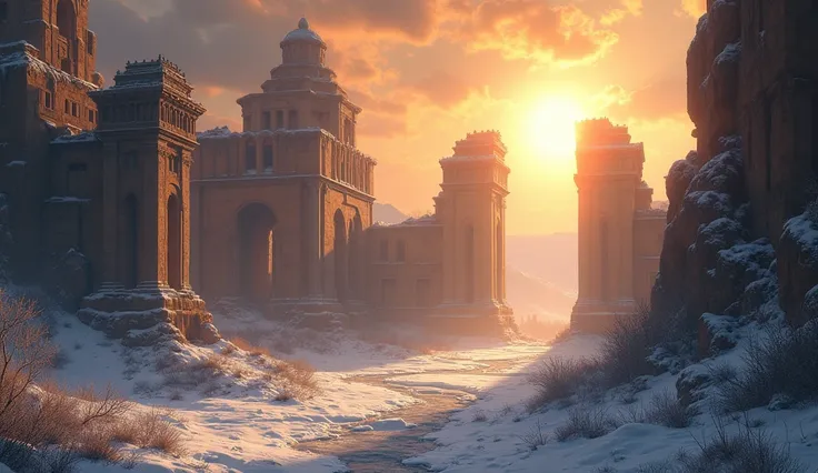  Promethean ruins ， beautiful painting style, sunshine，Norse mythology，Abundant architecture ， Tyndall Effect ， cold winter