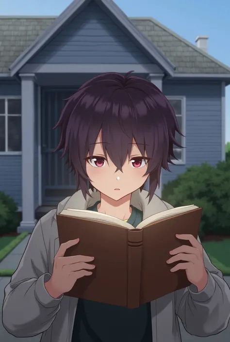 A boy with back hair brown and front bang with dark purple and have a dark red eyes reading a books in front house