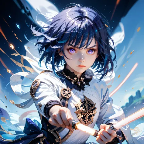  high resolution,  Short hair,  Jewelry,  blue hair,  purple eyes , solo, Art deco, Accuracy,  Best quality ,  Realistic anatomy, genshin, with a lightsaber ,  in a great pose, fighting pose 