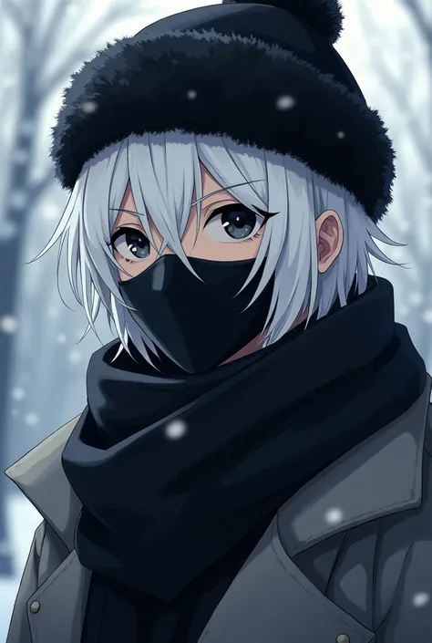 Handsome adult male male man ,  anime style,  albino medium length hair almost covering her eyes, droopy black eyes with winter clothes, a black Ushanka hat and mask