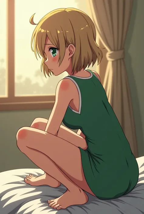 Anime girl with a big ass sitting on the bed in a green dress, Tatsumaki from One Punch Man, Fubuki, Tatsumaki, 2b, 2b, beautiful anime girl squatting, seductive anime girl,  the anime girl is crouching ,  very close up , crouching,  Close-up of the lower ...