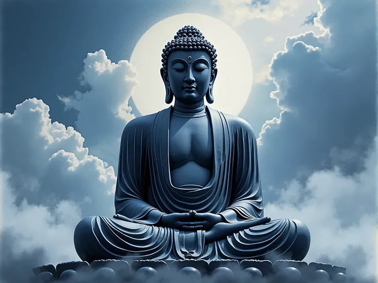 A stunning and incredibly realistic artwork of the Buddha in meditation. Created in jet black ink on a clound and blue sky