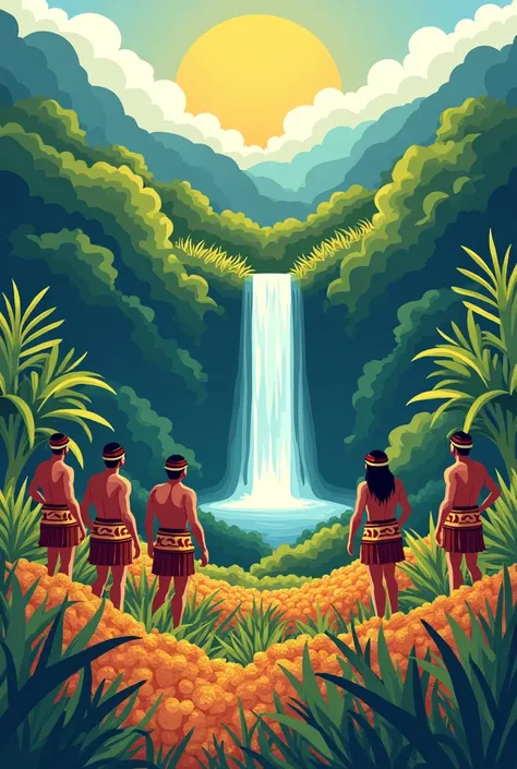 Flat letter illustration, but in Mayan style, with an abundant harvest in it and around it, quite a few people watching as water falls and there is sun