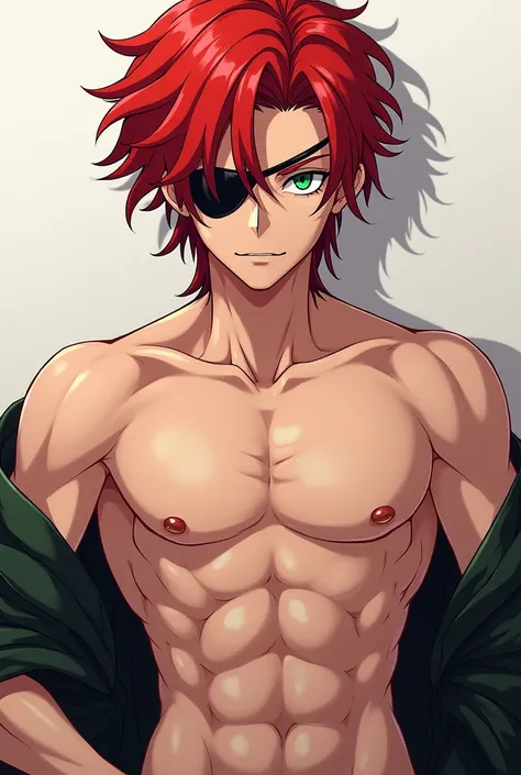 Create an anime fuckboy ,  shirtless ,  y with an eye patch ,  plus green eyes and red hair 