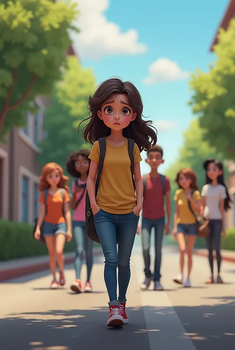  Ana walks to school . She looks a little nervous ,  with hands in pockets . On the road,  she sees a group of classmates laughing and talking to each other.