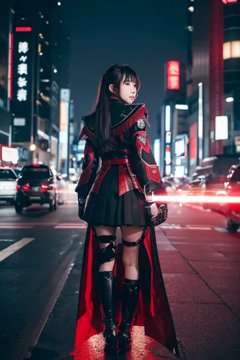  1 Japanese girl , warframe, Complex Pattern, heavy metal,  Energy Line , Faceless, Sparkling Eyes,  elegant ,  is intense,  blood-red black uniform, Alone, 【Contemporary, city, That&#39;s right., Dark Clouds,  Thunderstorm , Heavy Rain,,  Dramatic Lightin...