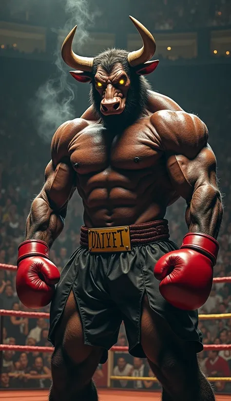 **A towering, muscular humanoid bull boxer stands in the center of a packed arena, illuminated by the blinding lights of the stadium. His sharp horns curve menacingly as he snorts, steam rising from his nostrils. His red boxing gloves flex as he tightens h...