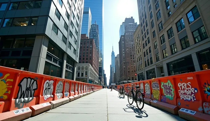 A modern New York block with graffiti-covered construction barriers, parked bicycles, and towering glass skyscrapers in the background under bright sunlight. Camera at ground low level.