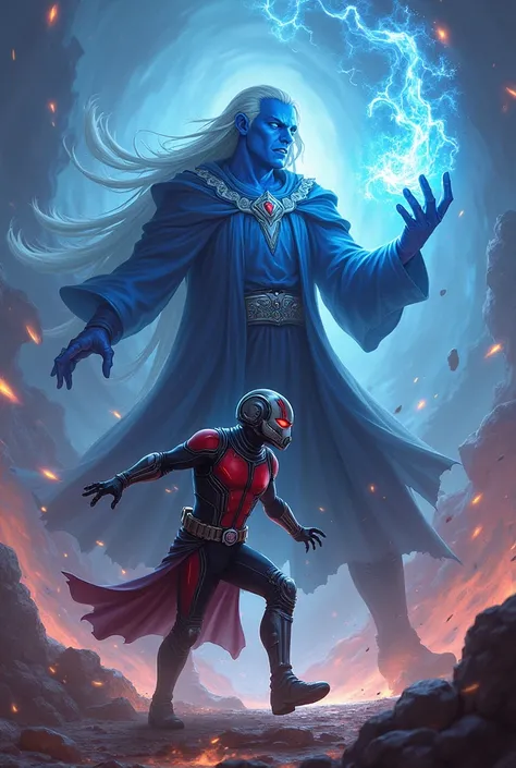 Blue-skinned wizard man with long hair fighting with ant man 