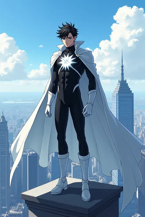 An anime boy wearing a tight black bodysuit, with white accents, covering the legs and wrists. It has a high collar, white boots, white gloves, a white cape, and a white sun symbol on the chest, standing on a building rooftop, and looking onto the horizon ...