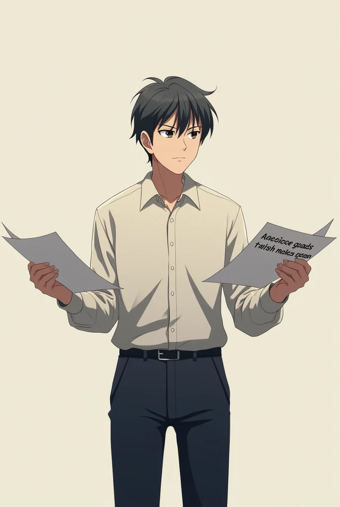 A man hold two paper in which has  option 1  in written and other has option 2 in written. Anime pic look realistic