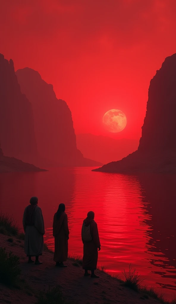 Prompt: A UHD and realistic image showing the Nile River turned crimson red. The scene includes frightened Egyptians on the riverbank, staring at the water in horror, with a dramatic and mysterious atmosphere.