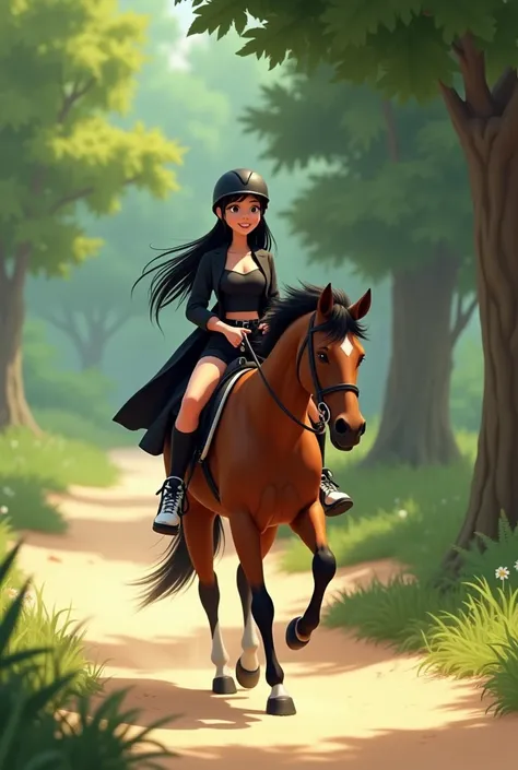 Woman 30 years, long straight black hair, wearing black elegant shorts with black sheer pantyhose, black vest and black short coat, white sneakers with black horse riding helmet, riding a horse through the woods sand path.

Pixar Cartoon Disney