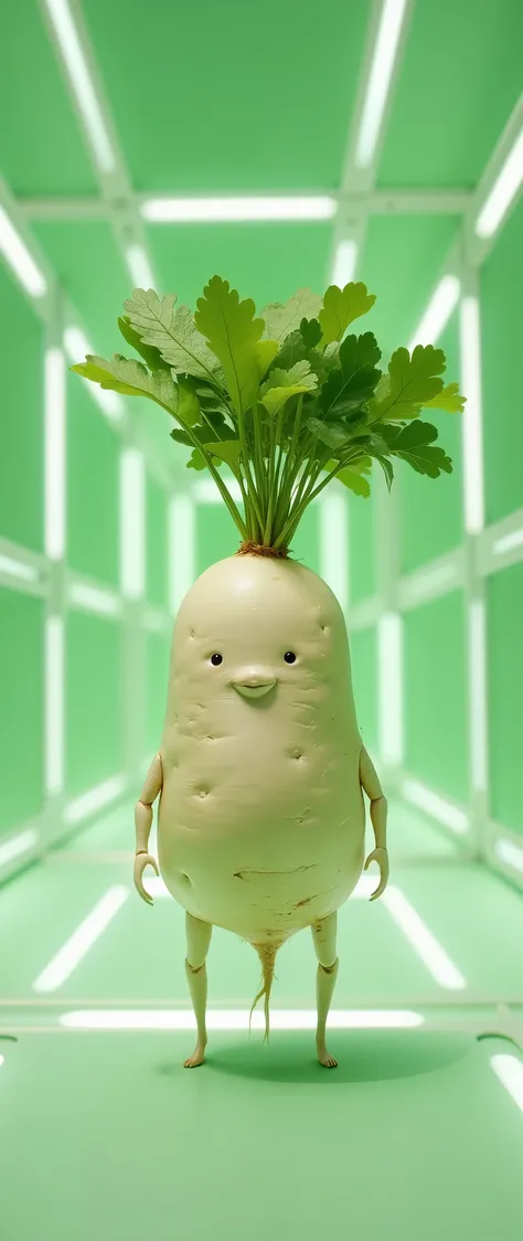 (masterpiece:1.2, photorealistic, RAW photos , super detailed),(The cyberpunk radish :2.0),( background is a cyber tunnel composed of square white hologram lines),(Green background:2.0),( daikon up :2.0)