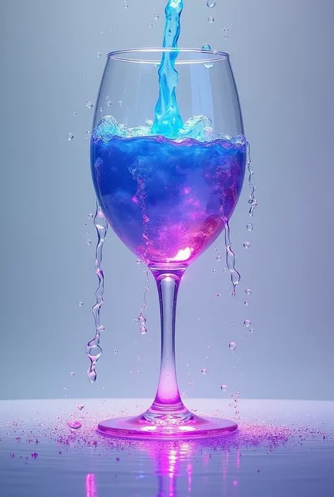  upside down wine glass fountain. With wine glasses. With the blue butterfly pea flower tea being poured and  running down where it physically changes from blue to purple to pink as it is being poured.  Show the blue water being poured, from the top. Make ...