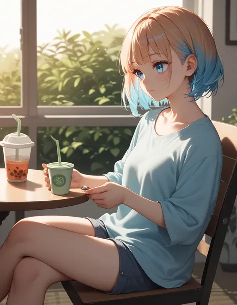 Fraction_9, Fraction_8_up, Fraction_7_up, Fraction_6_up, Fraction_5_up, Fraction_4_up, source_ Japanese cartoons ,  1 Girl, daytime, early morning, blond hair ,Dissemination,  blue eyes,   casual outfit ,indoor,Relaxed expression, sitting in a chair ,Drink...