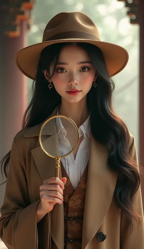 A beautiful Chinese goddess with perfect golden ratio features, wide double eyelid folds, visible tear bags, and normal-sized breasts. Her long, wavy hair cascades elegantly. She is dressed in a detective-style outfit, wearing a trench coat and a hat, insp...