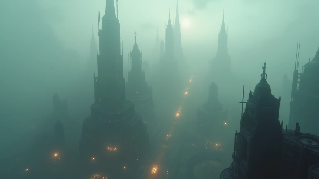 Realistic bird eyes view of A futuristic city on an alien planet shrouded in fog, At night, Strahd von Zarovich’s dramatic gothic atmosphere, Thick fog covered the area, photorealistic, Dust color, Sony A77 mounted with a 90 mm Tamron lens, short depth of ...