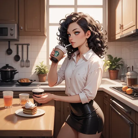 young woman drinks coffee, white oficial shirt, black tight mini skirt, black curly hair, flat breasts, kitchen
