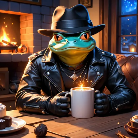 Closeup, anime art style, An extremely badass anthropomorphic light blue and white bullfrog in a living room, wearing an insanely cool black leather Harley Davidon biker jacket open black fedora, black shirt, black leather biker gloves, black leather biker...