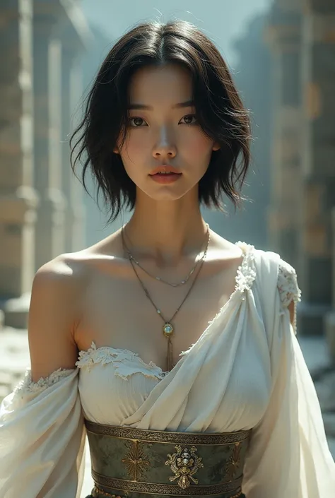 ((( 1 girl)))  on a surrealistic 、 Beautiful Asian girl photo with rich details，  Girl in the photo in the background of ruins  , Torn white half armor  , Short black hair,  dynamic posture,  beautiful , Symmetrical face ,  Detailed Gorgeous Faces ,  Bare ...