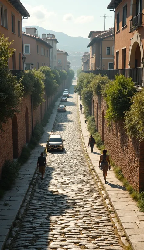 "A detailed visual of a well-preserved ancient Roman road cutting through a modern landscape. Show the roads characteristic cobblestones and engineering prowess, with a subtle blend of ancient and modern elements, like contemporary vehicles and people walk...