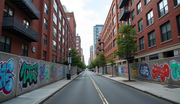 A quiet New York street with colorful street art on concrete barriers, utility poles covered in stickers, and modern apartment buildings on both sides. Camera at ground street low level.