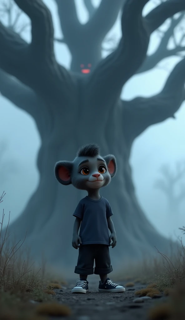 Kittu, a 4-month-old male baby lion , big eyes with dark black oily long hair , is dressed in a dark blue T-shirt and black pant and black sneakers. He stands in front of an enormous, gnarled tree, shrouded in fog. The tree’s branches twist unnaturally, an...