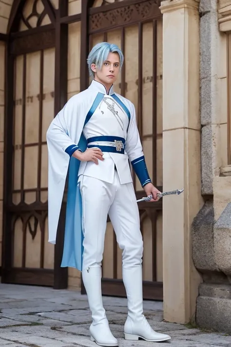 Elegant men, Strong physique, White, White Arabian pants,  light blue noble blouse holding a silver spear,  white boots that shoot bows, Messy light blue hair,  defines an expression of satisfaction ,  short hair,  dark blue eyes, Noble appearance, 銀の槍を持って...