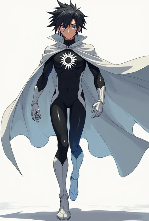 A teenage anime boy wearing a tight black bodysuit, with white accents, covering the legs and wrists. It has a high collar, white boots, white gloves, a white cape, and a white sun symbol on the chest.



