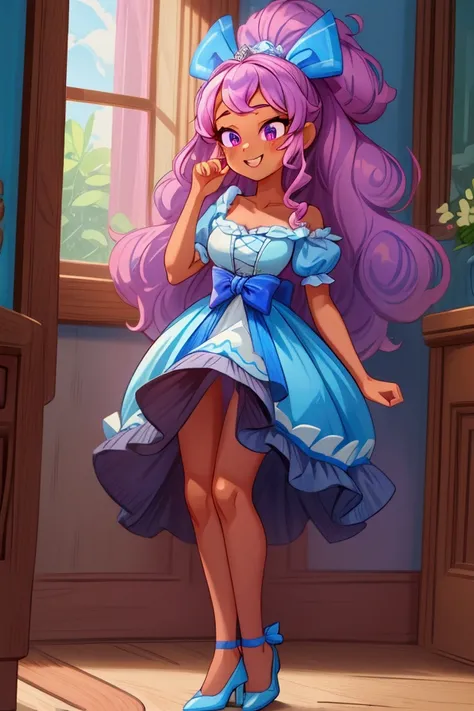 (Masterpiece, best quality) 1 girl, standing indoors with intricate details and sunlight, blue and white frilled dress with short neckline, cinderella esmerald high heel shoes, pink long curly hair, purple eyes, blue ribbon in hair, dark brown skin, sexy s...