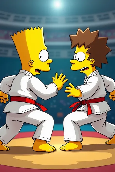 bart simpson (s ) wearing the  (white color ) (red belt ) (barefoot )  karate uniform fighting a brown-haired boy (s )  wearing the  (white color ) (red belt ) (barefoot ) at a karate tournament  