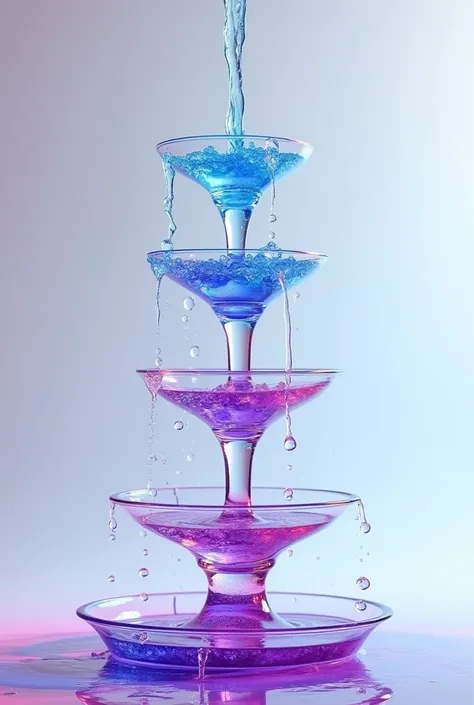  upside down wine glass fountain. With wine glasses. With the blue butterfly pea flower tea being poured and  running down where it physically changes from blue to purple to pink as it is being poured.  Show the blue water being poured, from the top. Make ...