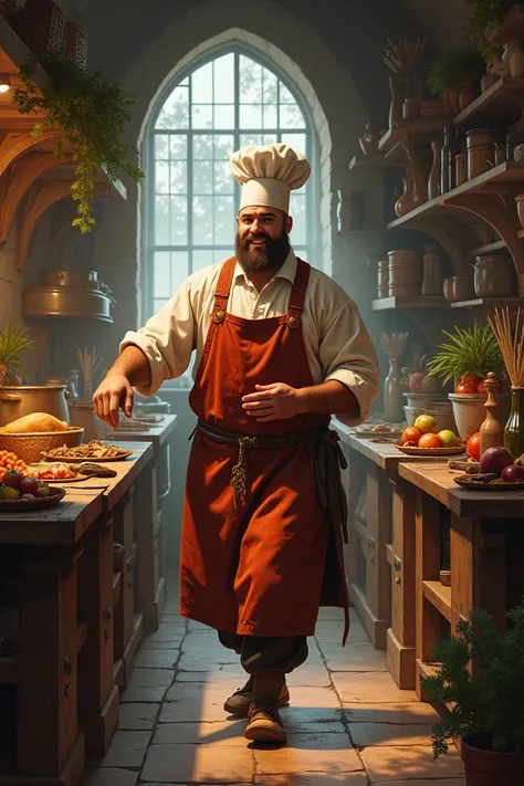 Medieval kitchen, a cheerful chef  are preparing dinner, in the background there are still lifes of different products