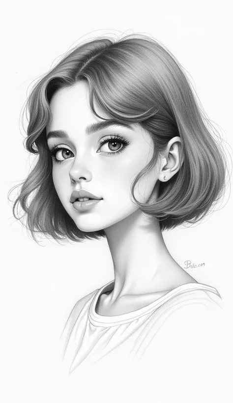 simple pencil sketch of young woman in realistic style, realistic proportions, bob haircut