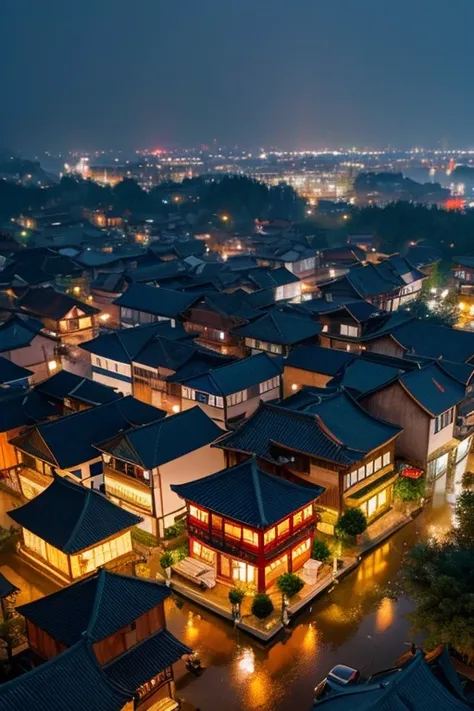  aerial view of a village with lots of lights , Dreamy city in China, Chinese Village,  amazing wallpaper , , Japanese Village, Surreal photo of the town, Old Asian Village, Japanese cities, Raymond Han, Rainy Evening,  Digital painting of the ,  Beautiful...