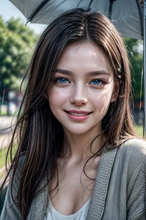 Having a pleasant walk in the rain, photorealistic, fair and smooth skin, grey-blue eyes, beautiful face, brunette hair, photon mapping, bright natural light, vibrant colors, aesthetics, smiling, laughing happily,