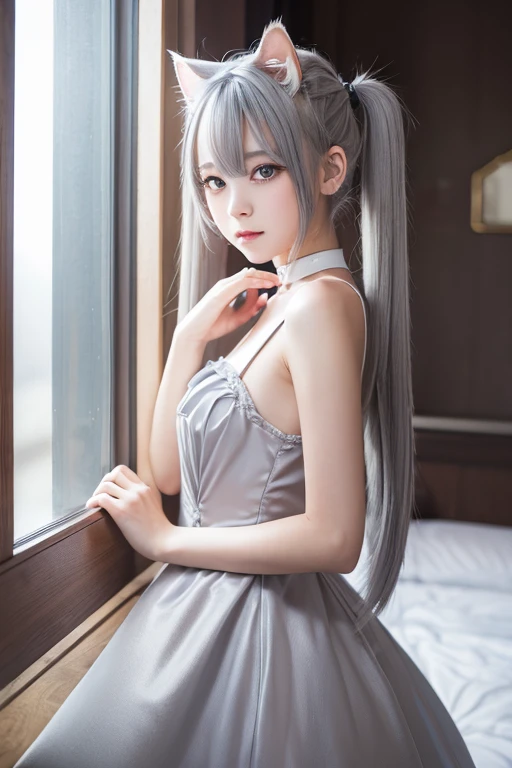 (masterpiece,  best quality,  high definition : 1.2),  1 girl, Alone,  twin tails,   Grey Eyes ,  upper body,  dress,  Silver Hair, cat ears