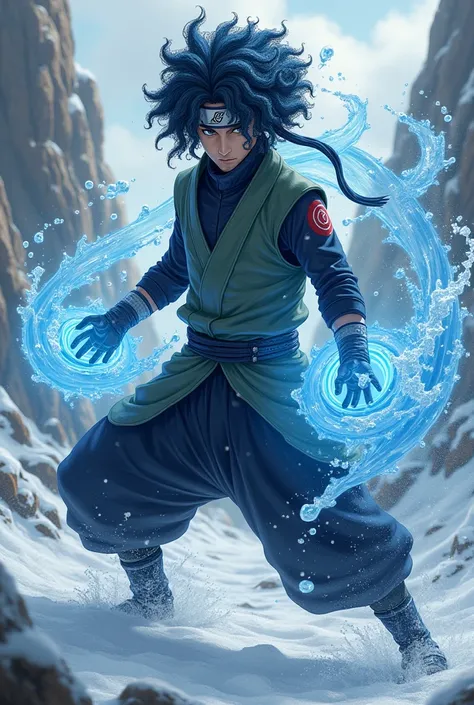 An Uchiha ninja with curly blue hair like military sayajin jounin taijutsu ice and water elements