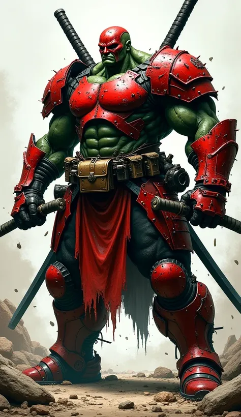 A chaotic mix of red and black armor stretched over Hulks bulging muscles. The costume is riddled with bullet holes and torn fabric, exposing green skin. Hulk wields dual katanas the size of skyscraper beams and a belt filled with comically oversized pouch...