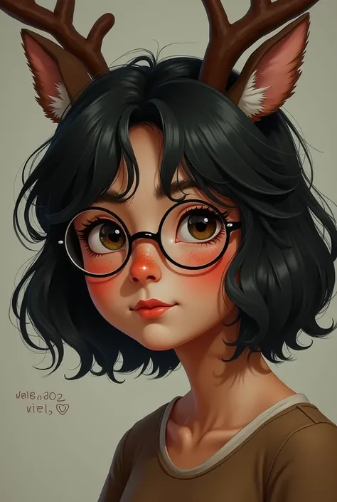 Reindeer girl with brown skin, she has freckles and uses glasses, her hair is black and short, she is nerd