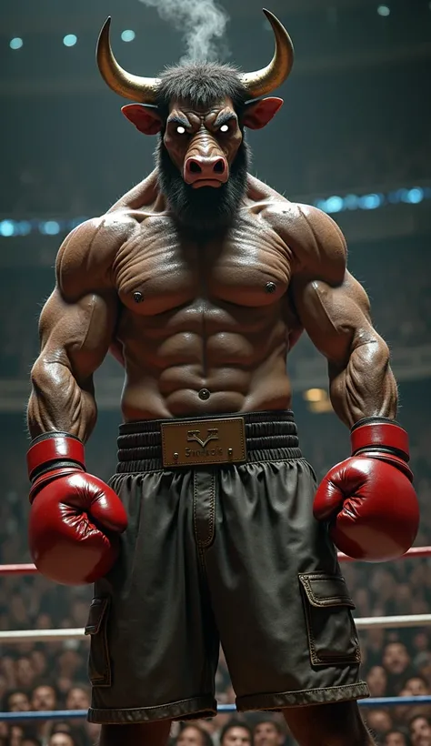 **A towering, muscular humanoid bull boxer stands in the center of a packed arena, illuminated by the blinding lights of the stadium. His sharp horns curve menacingly as he snorts, steam rising from his nostrils. His red boxing gloves flex as he tightens h...