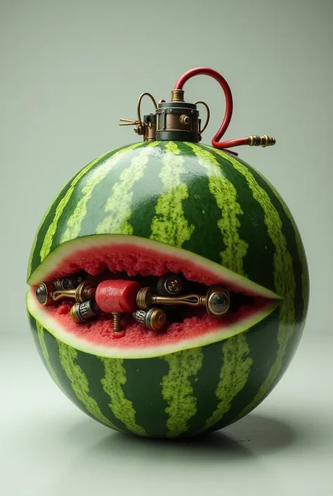 An image of a watermelon decorated like a bomb