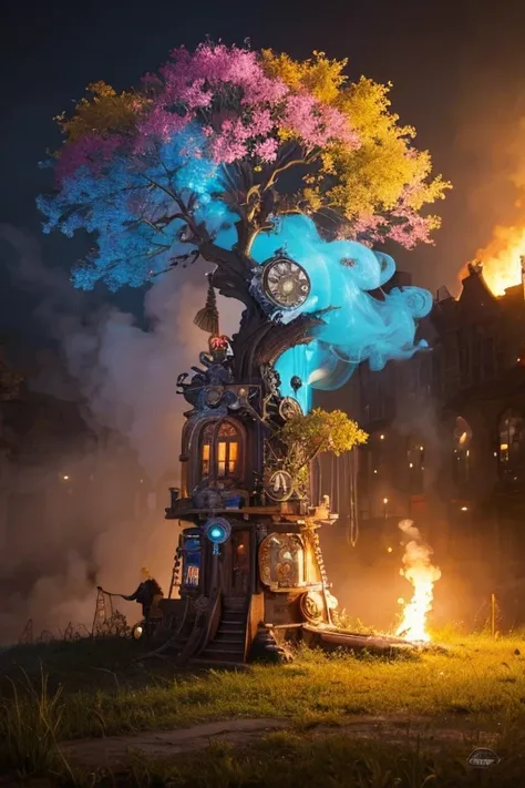 Dreamlike Art Live Tree, Colorful smoke, Crazy Details ,  Steampunk Details ,  intricate detail,  High Details ,