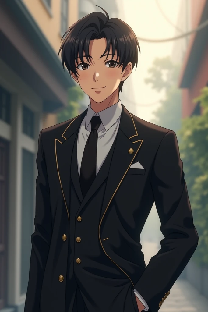 Man in black elegant Gakuran clothes smiling I want the image to be anime in the 80s