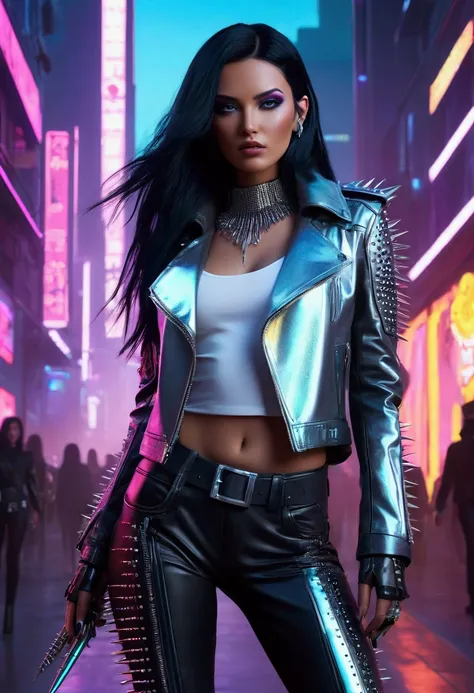 A captivating and futuristic 3D render of a cyberpunk-inspired fashion scene featuring a stunning supermodel with long, sleek black hair. Confidently strutting down a neon-lit runway, illuminated by the vibrant glow of a dystopian cityscape, the model wear...