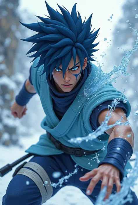 An Uchiha ninja with curly blue hair like military sayajin jounin taijutsu ice and water elements