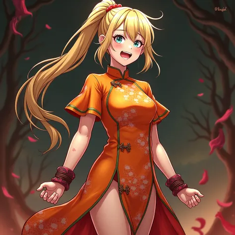  Maki in the final fight 。A horde of goblins hits her。torture her。 she has a blonde ponytail 。 she wears an orange china dress。Shes full of wounds 。tie her wrists with a rope 。 she has raised her hands。She has an expression of pain 。 a bunch of goblins pun...