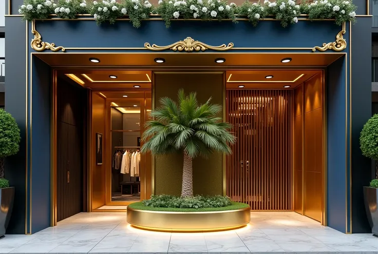 

Develop the facade of a fine clothing store, space and porcelain, 11 meters wide, following the proportions described in the project:

The facade starts on the left with a 120 cm high black wall. Ahead, is a golden planter containing a desert palm tree i...